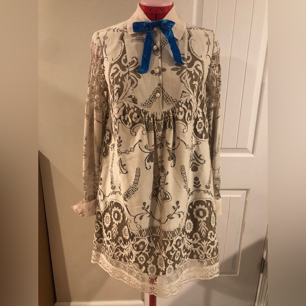 Anna Sui Cream and Blue Mini Dress with Lace Overlay
